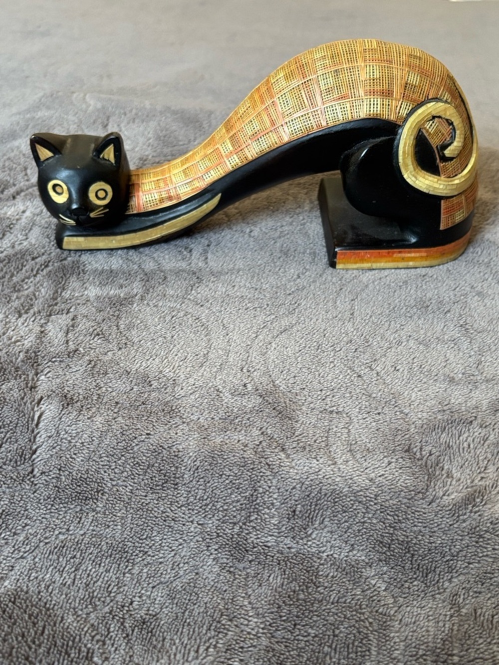 Cat Handcrafted Black and Gold Curled Figurine 8 inch